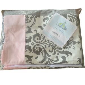 Carousel Designs Gray Damask Pink Edged Crib Skirt NWT